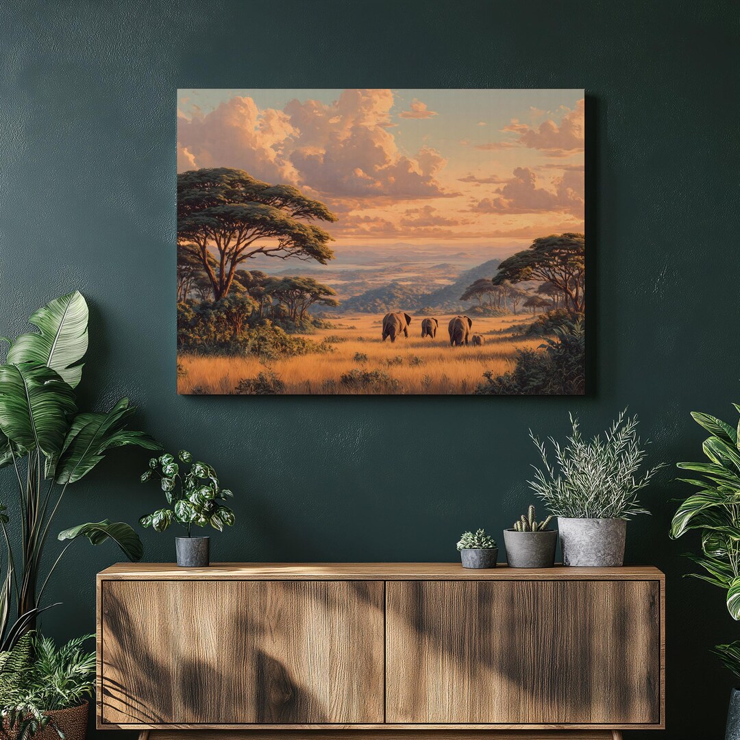 Elephant Sunset Safari Canvas Wall Art – African Wildlife Colorful ...