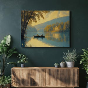Serene Canoe Wall Art Canvas Print, Tranquil River Landscape Painting Home Decor, Golden Hour Nature Art Gift for Cabin or Living Room
