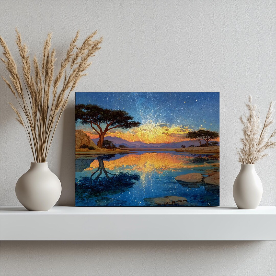African Savanna Canvas Wall Art – Sunset Reflection Landscape Print ...