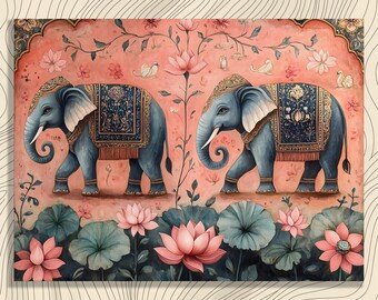 Indian elephant lotus canvas wall art - ornate royal elephants with lotus flowers watercolor illustration floral pattern home decor print