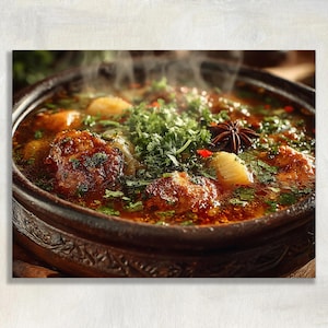 May include: A steaming bowl of dark red stew served in a textured brown ceramic dish. The dish contains chunks of meat, sliced potatoes, and a whole star anise, all garnished with a generous amount of fresh green chopped cilantro herbs.