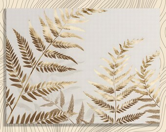 May include: A botanical illustration featuring gold-colored fern fronds on a light gray background. The fern leaves are detailed with a metallic sheen, creating a luxurious and natural aesthetic. The artwork is set against a neutral backdrop with subtle, wavy lines.