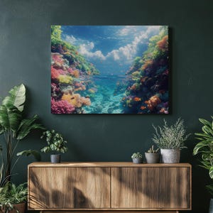 Arte de parede em tela subaquática vibrante – Vida marinha de recife de corais, peixes tropicais, decoração náutica para sala de estar, quarto e escritório – Impressão oceânica