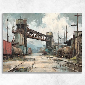 May include: An industrial landscape painting featuring a large metal bridge spanning across railway tracks. Several rusted train cars, including tanker cars, sit on the tracks. Utility poles and weathered structures surround the scene under a cloudy sky.