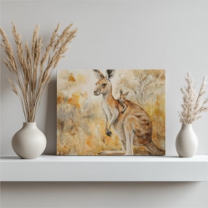Kangaroo Canvas Wall Art - Mother Baby Kangaroo Watercolor Print | Australian Outback Wildlife Decor for Nursery, Living Room Boho