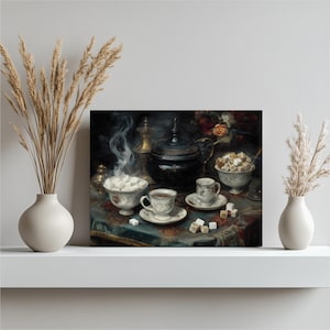 May include: A still-life painting depicts a tea setting with a black teapot, cups, saucers, and bowls of sugar cubes. Steam rises from a bowl of sugar cubes. The scene is set on a patterned tablecloth with floral accents.