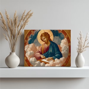 Byzantine Jesus Icon canvas wall art – orthodox style sacred art religious gift jesus christ artwork gold halo clouds byzantine icon canvas