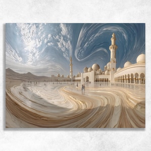 Islamic mosque canvas wall art - surreal desert marble courtyard print dreamy mosque decor spiritual architecture gallery large wall print