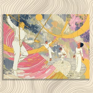 May include: An artistic print featuring four figures in white clothing, interacting with golden architectural elements against a colorful, textured background. The artwork has a retro, mid-century modern aesthetic.