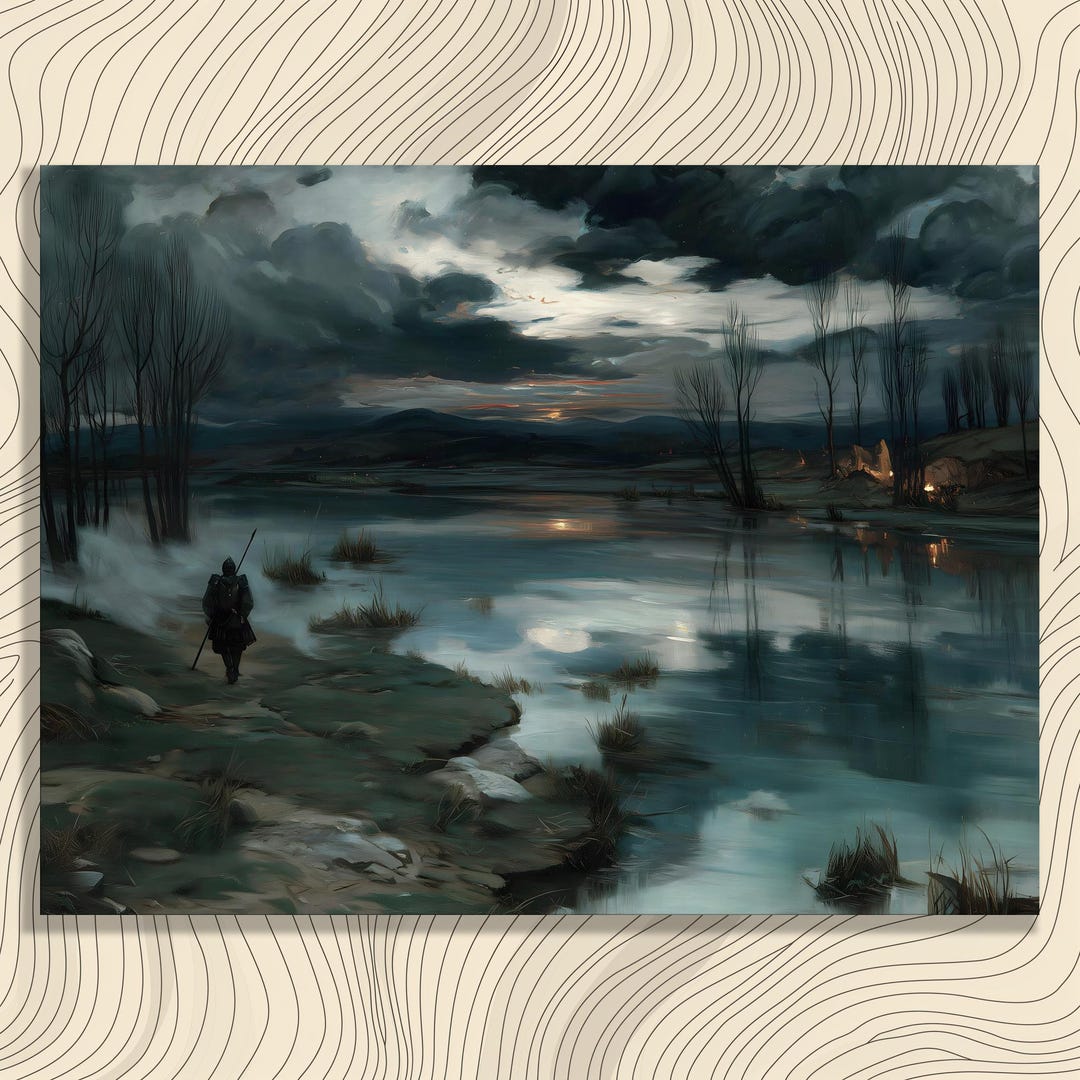 Moody River Canvas Wall Art – Dark Stormy Twilight Sky Misty River ...