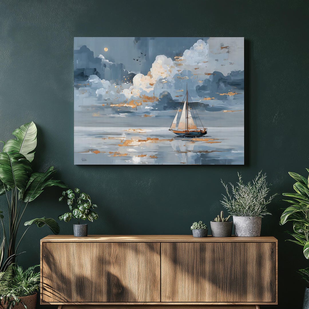 Sailboat Canvas Wall Art - Coastal Sea Landscape Print Ocean Sunset ...