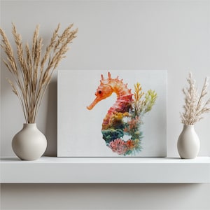 Seahorse Wall Art Canvas Print, Colorful Coral Painting Decor for Ocean Home, Unique Marine Life Beach Gift, Underwater Tropical Wall Decor