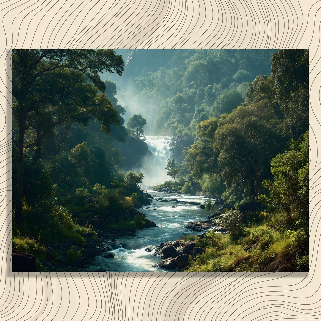 Tropical Waterfall Canvas Wall Art – Lush Rainforest Jungle River ...