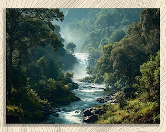 Tropical Waterfall Canvas Wall Art – Lush Rainforest Jungle River Landscape Misty Green Nature Print Serene Cascade Artwork Gift