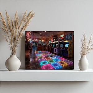 Neon Arcade Canvas Wall Art - Retro Arcade Print Video Game Wall Art Vaporwave Synthwave Decor LED Lights Print 80s Gaming Art