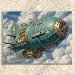 Steampunk Luftschiff Leinwand Wandkunst - Vintage Mechanischer Fantasy Himmel Abenteuer Druck Retro Futurismus Dekor für Sammler Teenager Erwachsene