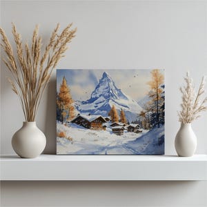 Switzerland Canvas Wall Art – Matterhorn Painting of Alpine Village – Mountain Scenic Print Rustic Decor – Unique Gift for Home or Office