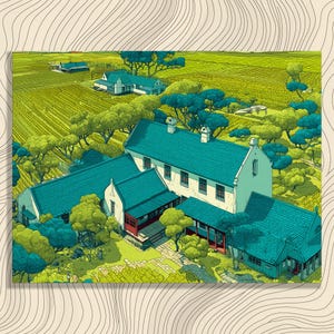 Aerial Farmhouse Fields Canvas Wall Art – Vintage Rustic Countryside Landscape Decor Print Green Blue Hues Impressionism Painting