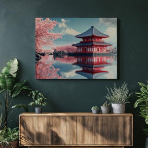 Japanese Pagoda Canvas Wall Art with Cherry Blossoms and Mount Fuji Reflection - Colorful Landscape Painting for Home Office Decor