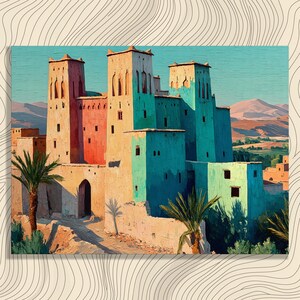 Desert Fortress Canvas Wall Art – Colorful Moroccan Kasbah Oasis Landscape Print Decor Painting Gift for Travel Lovers and Art Enthusiasts