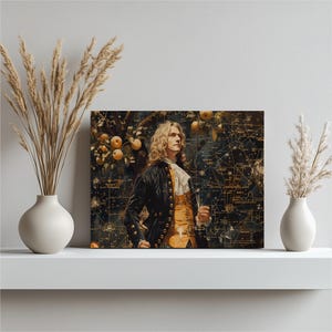 Isaac Newton canvas wall art, prism apple tree mathematical equations celestial diagrams intellectual curiosity 17th century style, Home Art