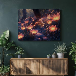 Fantasy Garden Canvas Wall Art, Bioluminescent Flower Garden Print Ethereal Decor Mystical Art for Fantasy Lovers, Inexpensive Wall Hangings