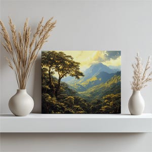 Costa Rica canvas wall art, vibrant rainforest painting detailed, tropical nature wall decor, exotic tree illustration, high resolution