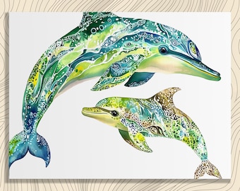 Cuadro de pared con familia de delfines - Impresión en acuarela de vida marina - Decoración costera para habitación infantil - Ilustración de animales marinos - Regalo de playa para amantes del mar