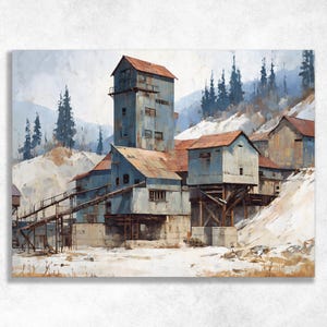 Rustiek mijnkamp met ertsbreker als canvas wanddecoratie, industrieel landschap met besneeuwde dennenbomen, olieverfschilderij van het Amerikaanse Westen als decoratie voor een studeerkamer in een blokhut.