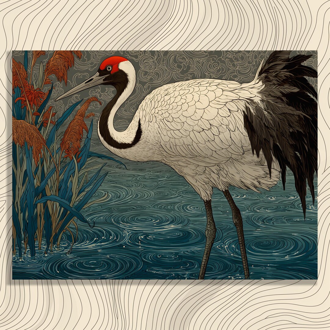 Japanese Crane Canvas Wall Art - Traditional Woodblock Inspired Wading ...
