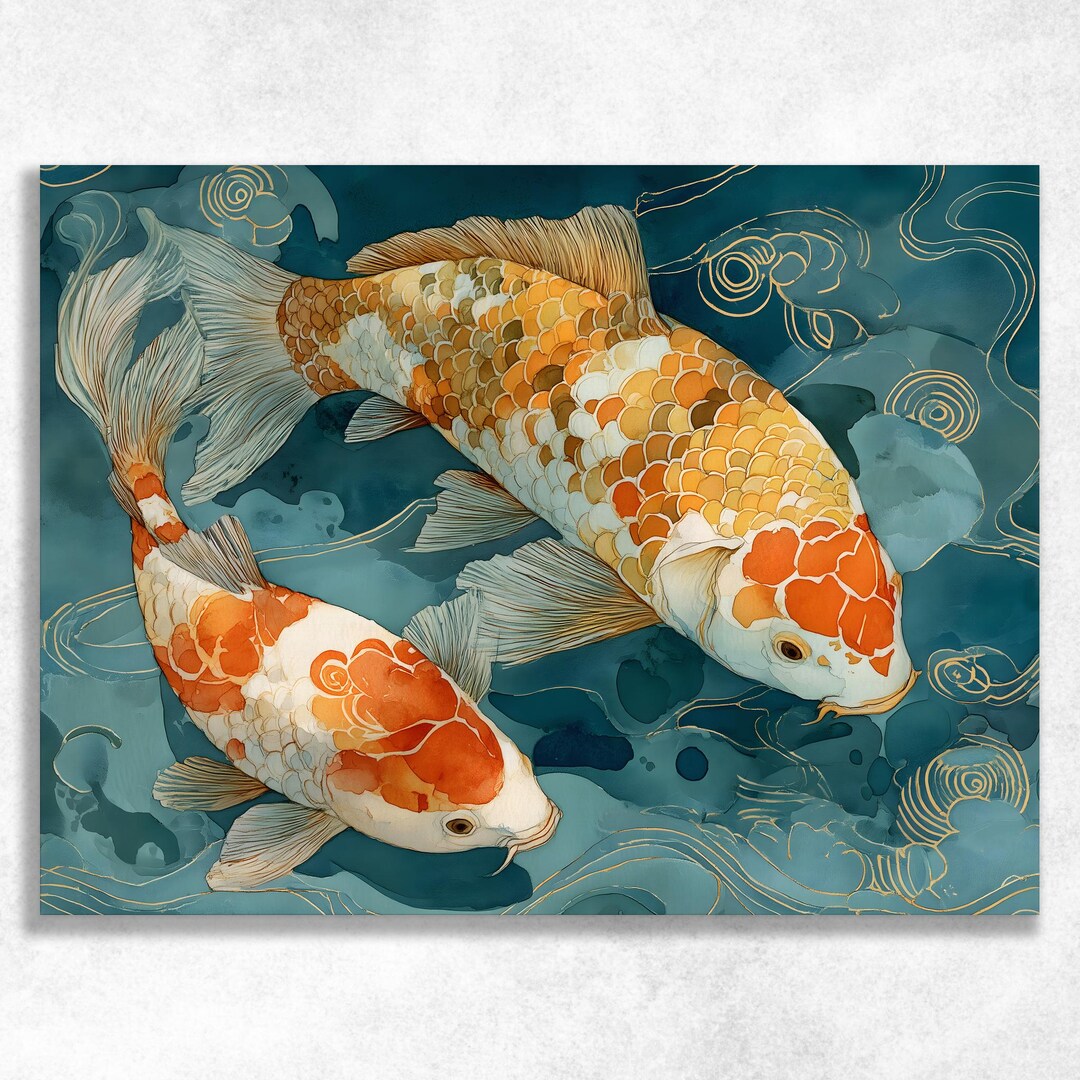 Koi Fish Canvas Wall Art - Watercolor Japanese Decor Teal Pond Gold Koi ...
