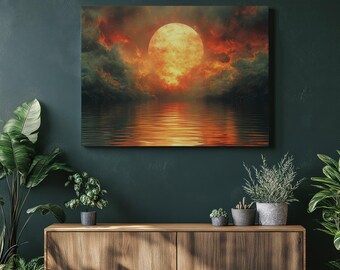 Dramatic Sunset Canvas Wall Art – Vibrant Orange Blue Abstract Art, Contemporary Nature Painting of Sunset Over Water, Serene Decor
