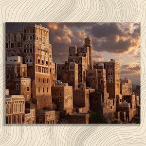 May include: An architectural print featuring a detailed view of a historic city. The buildings are constructed from brown stone with intricate window designs. The sky is filled with dramatic clouds, and the overall scene is bathed in warm sunlight.