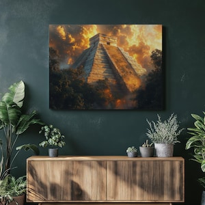 Chichen Itza Mayan Pyramid Canvas Wall Art - Ancient Mayan Architecture Jungle Scene with Clouds, Starlit Sky Lush Nature Landscape Print