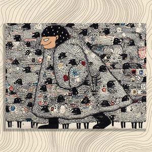 May include: Illustration of a person wearing a coat covered in black sheep. The person has black hair with white polka dots and is smiling. The coat is white with black sheep and colorful patches. The person is wearing black boots.