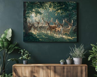 Deer Forest Canvas Wall Art – Rustic woodland wildlife print nature decor fallow deer painting sunlit forest glade traditional green brown