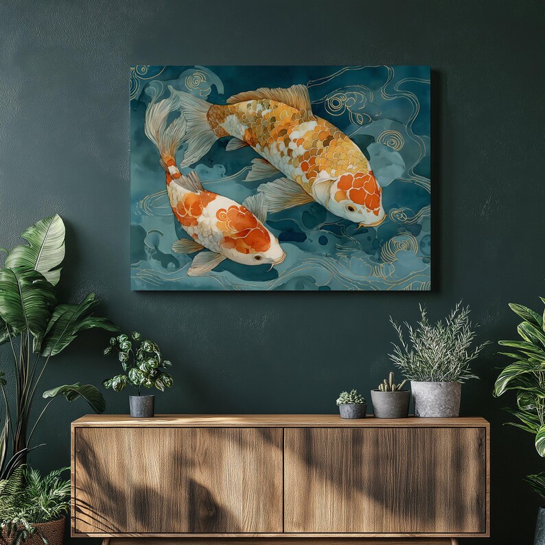 Koi Fish Canvas Wall Art - Watercolor Japanese Decor Teal Pond Gold Koi ...