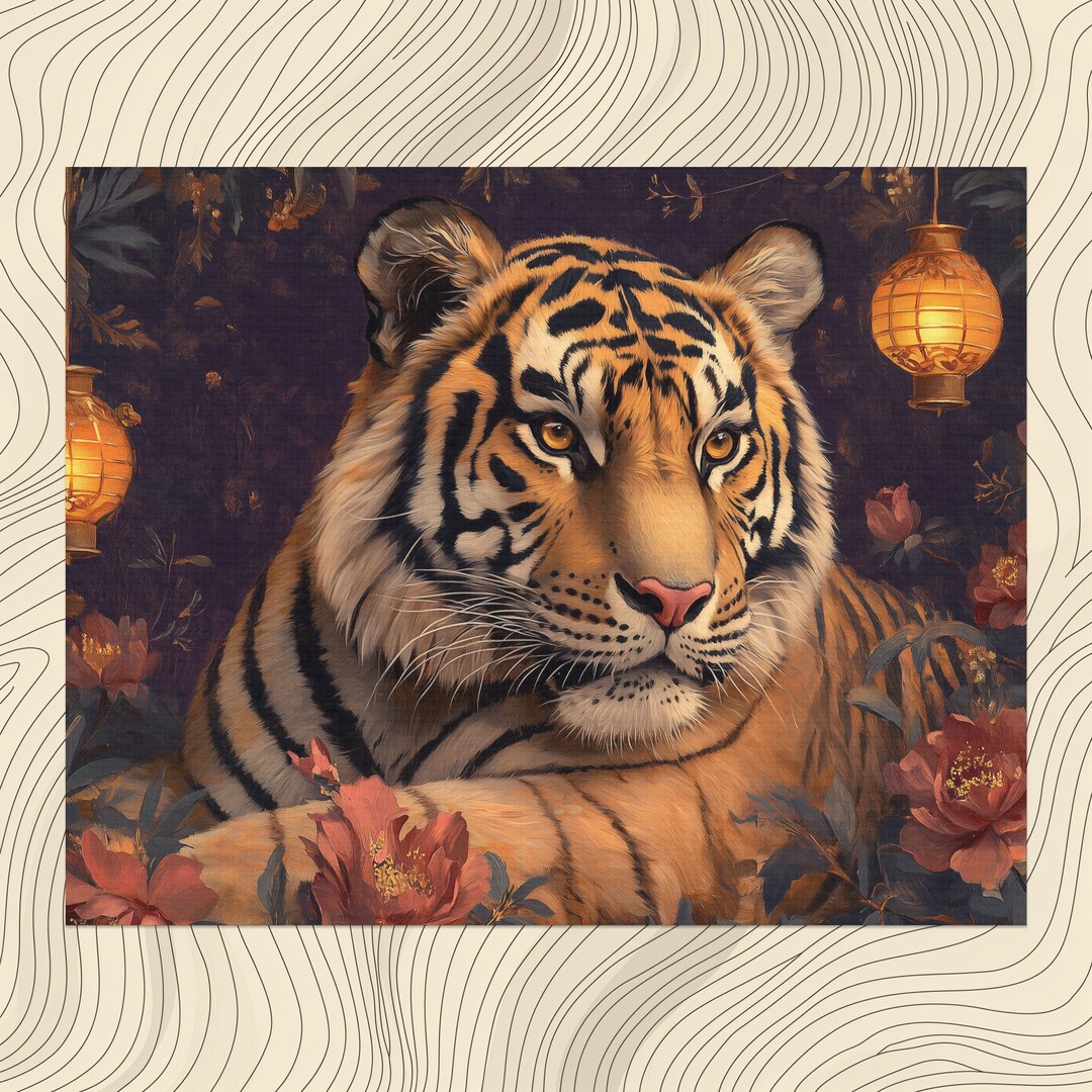 Tiger Canvas Wall Art Elegant Home Decor, Vibrant Chinoiserie Painting