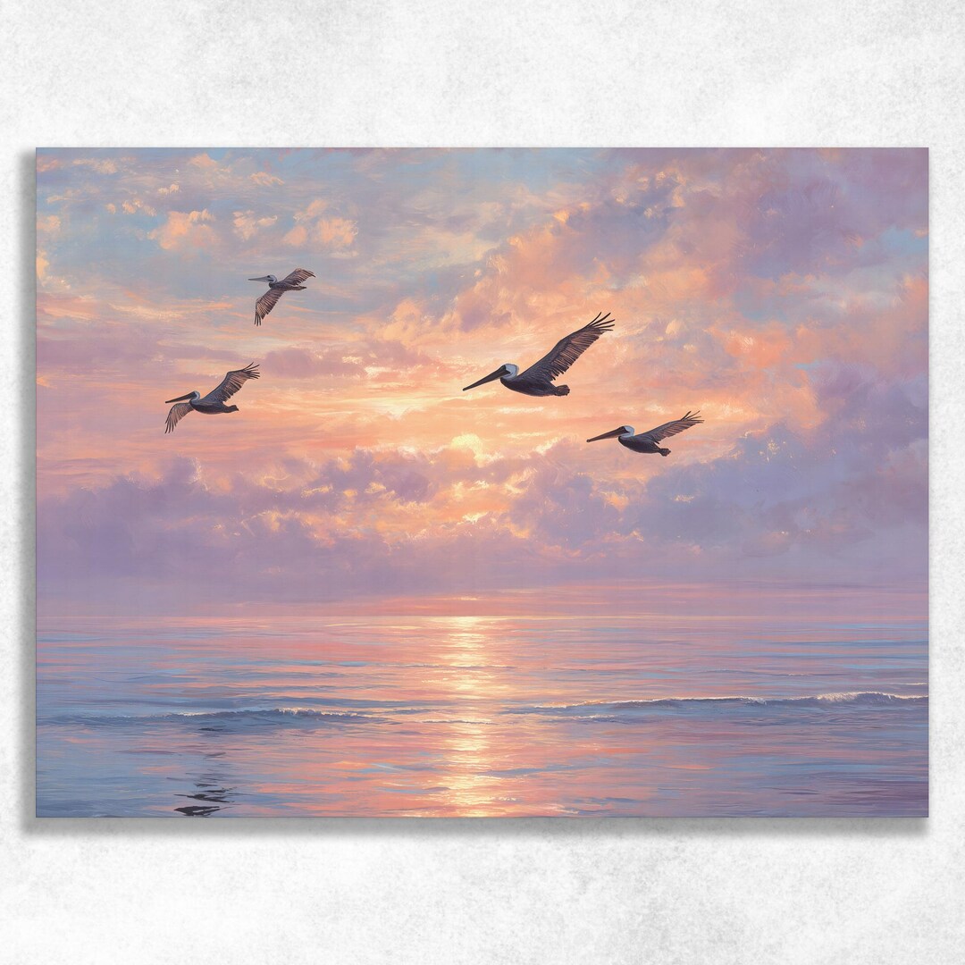 Pelican Sunrise Ocean Canvas Wall Art - Colorful Coastal Decor Beach ...