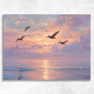 Pelican sunrise ocean canvas wall art - colorful coastal decor beach house gift for bird lovers seascape print ocean sunset painting