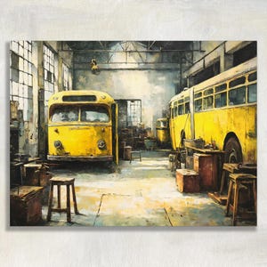 Skolbusslada Canvas Väggkonst, Gul Buss Garage Oljemålning Tryck, Industriell Verkstadsinredning, Vintage Transportkonst för Loft