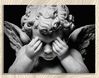 Cherubino in marmo su tela, ritratto di statua di angelo in bianco e nero, decorazione gotica, putti addolorati, scultura, primo piano, dettagli raffinati