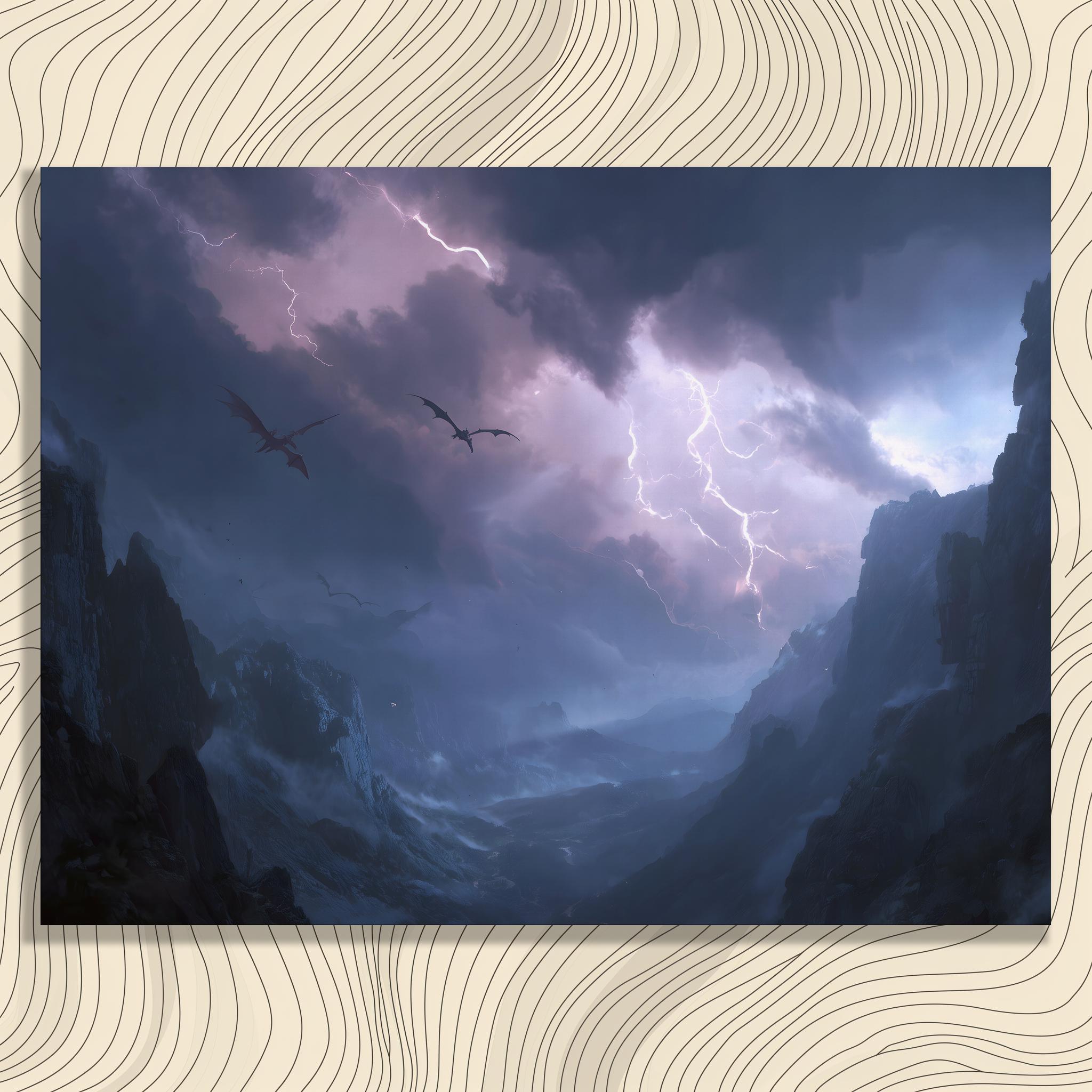 Epic Dragon Lightning Canvas Wall Art – Dark Fantasy Landscape ...