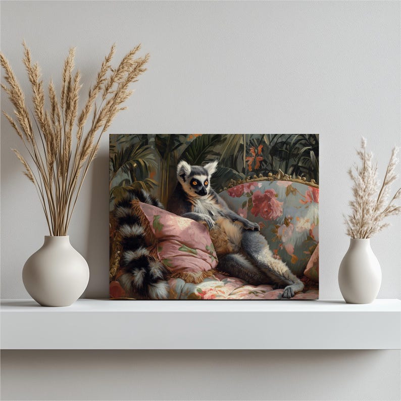 Test 3 mockup for Ring-tailed Lemur canvas wall art, wildlife decor, animal lover gift, nature themed wall decor, vibrant illustration, eco-friendly print