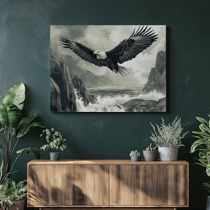 Soaring Eagle Canvas Wall Art | Fine Line Art Eagle Over Ocean Waves | Nature and Wildlife Home Decor | Landscape Art Print for Living Room