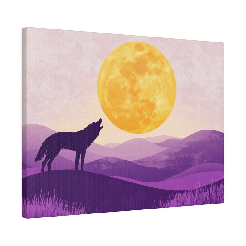 Mysterious Wolf Canvas Wall Art, Golden Moon and Violet Landscape Home