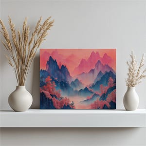Majestic Pastel Mountains Canvas Wall Art in Pink Blue | Contemporary Landscape Nature Home Decor | Sunset Tranquil Scenery Painting