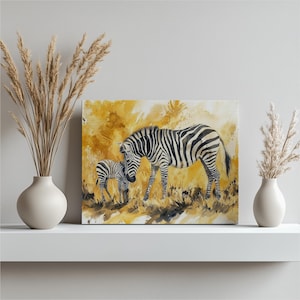 Watercolor Zebra Mother and Foal Canvas Wall Art Print - African Safari Animal Painting Decor for Living Room Nursery Unique Gift