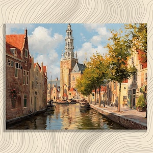 Sunlit Canal Cityscape Canvas Wall Art – European canal painting with boats church spire reflections cityscape print decor travel gift