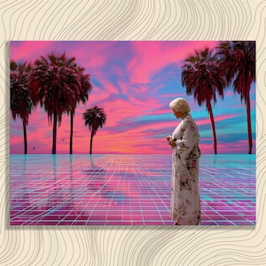 Vaporwave Palm Trees Canvas Wall Art – neon sunset tropical print retro futurism surreal landscape neon grid reflective pool colorful decor